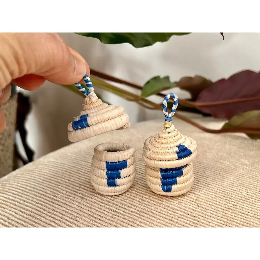 African Woven Baskets Pair Boho Hanging Jewelry Ring Box Tan Blue Rattan